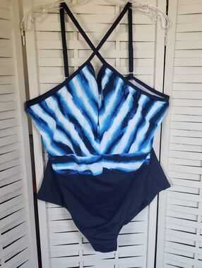 Avenue Blue  Striped New One-Piece Swimsuit Size 20W